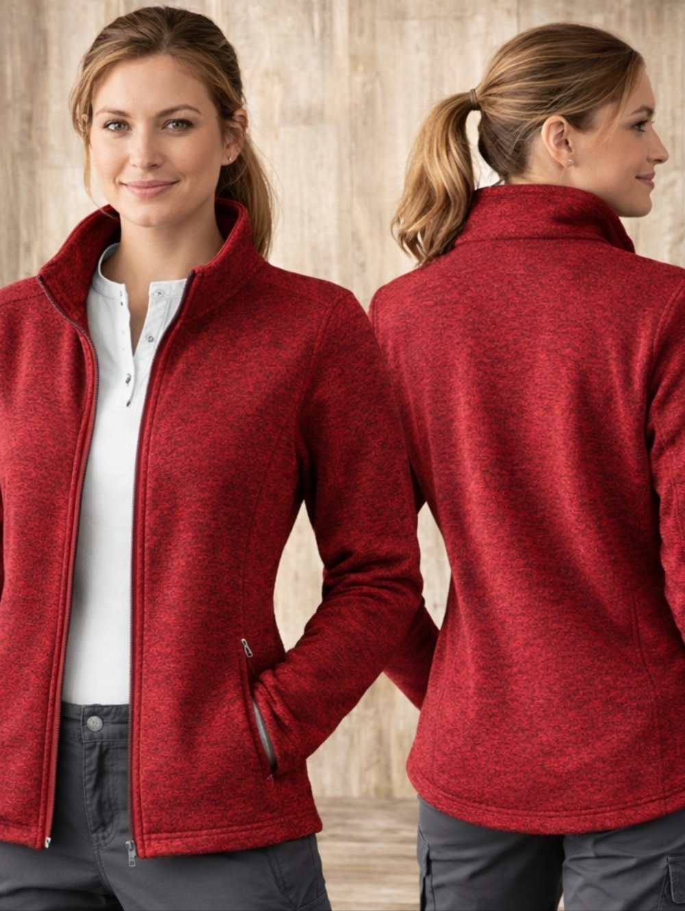 Orvis Women’s XL Heathered Red Full Zip Fleece Jacket Outdoorsy Sporty Layer